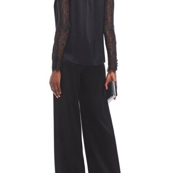 Jonathan Simkhai Satin Tie Neck Chantilly Lace Sleeve Wrap Black Blouse XS - Picture 3 of 12